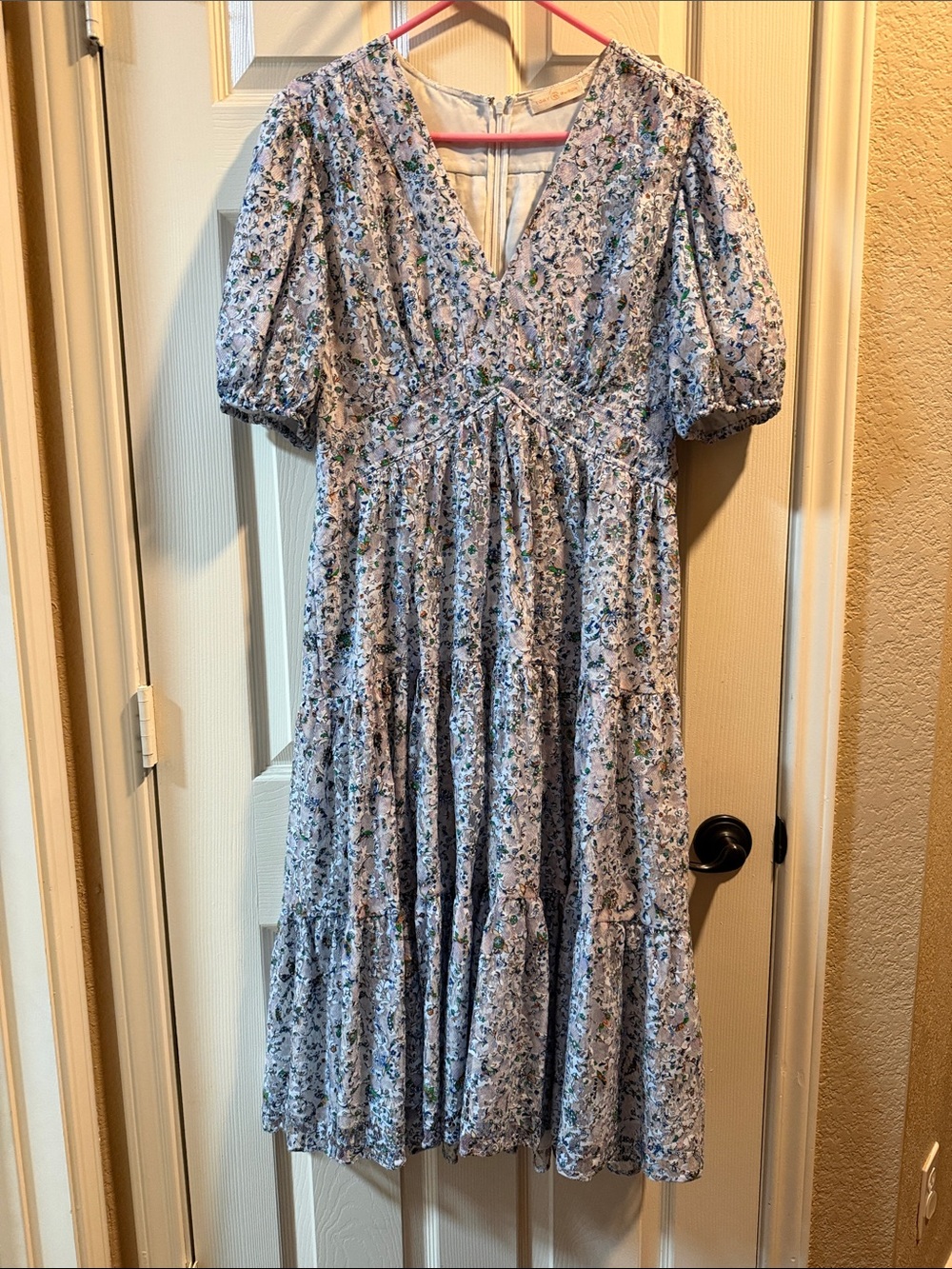Tory Burch Blue Floral V-Neck Tiered Midi Dress